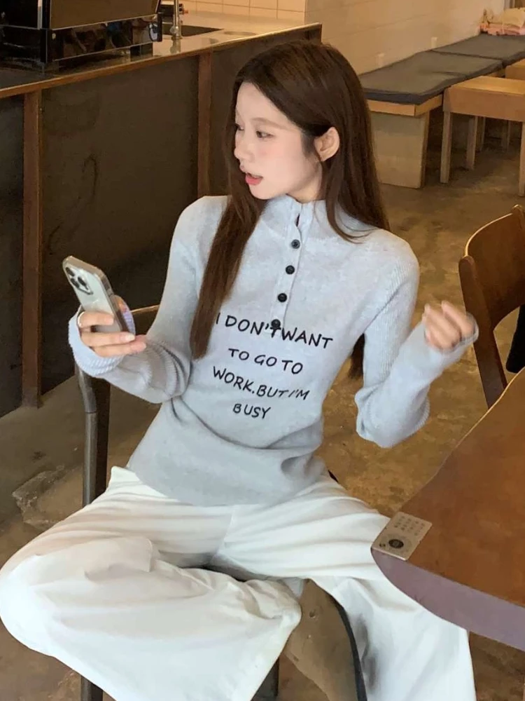 

Grey American letter women's knitted sweater autumn and winter polo collar retro and trendy women's top