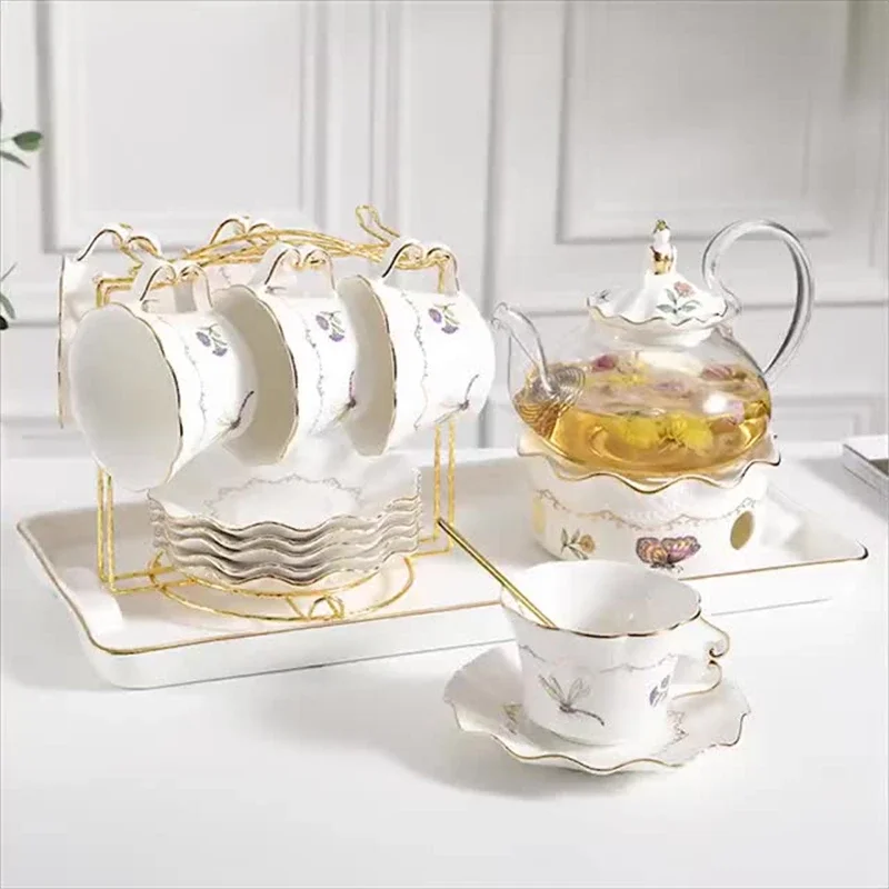 European Afternoon Tea Coffee Cup Glass Flower Teapot Set Home Creative Candle Heating Fruit Teapot Teacup Combination Gift