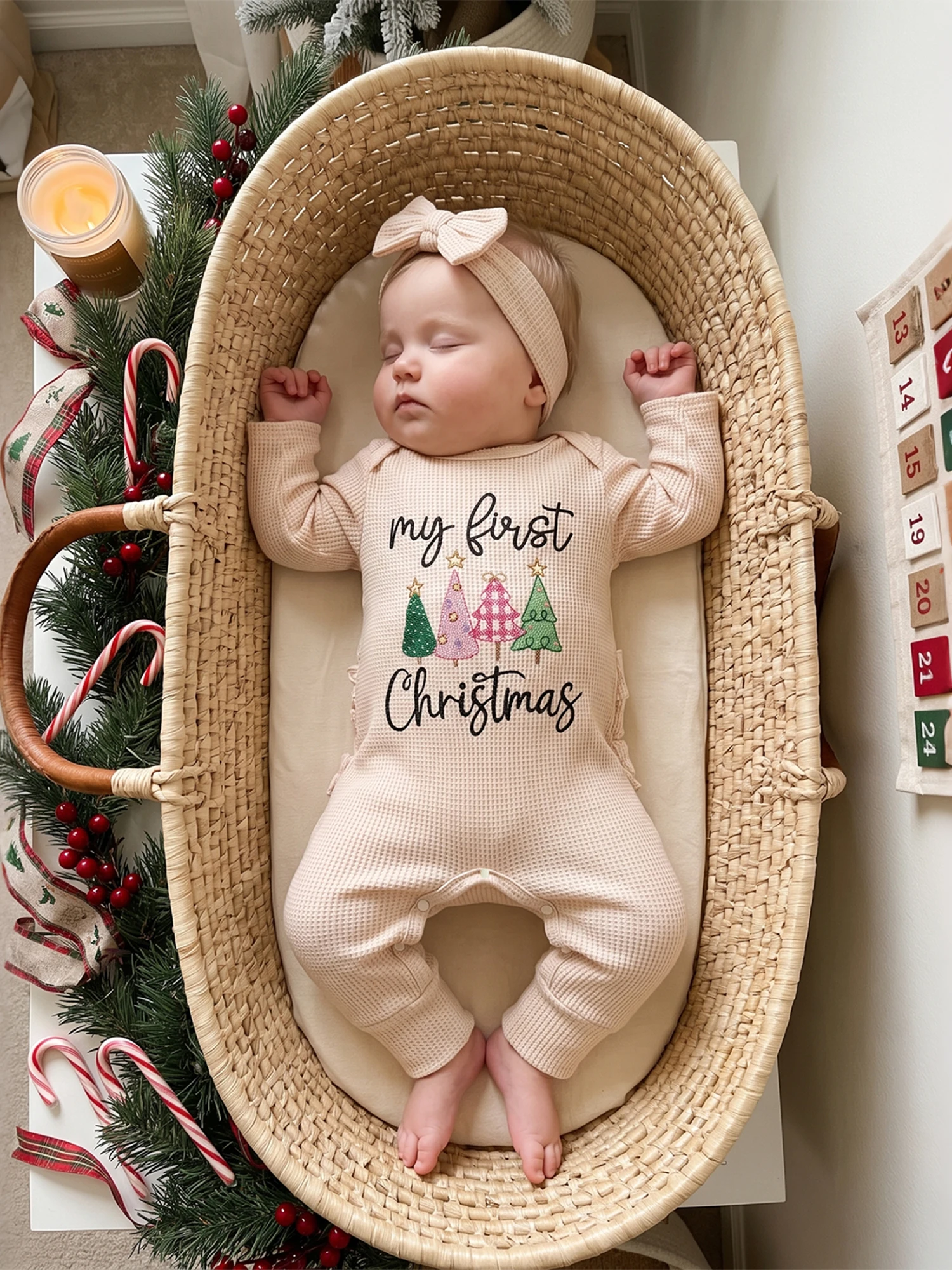 Romper-Tree-Embroidery Girl Embroidery Baby Girl Christmas Bodysuits-Headband Girl Christmas Romper High Quality