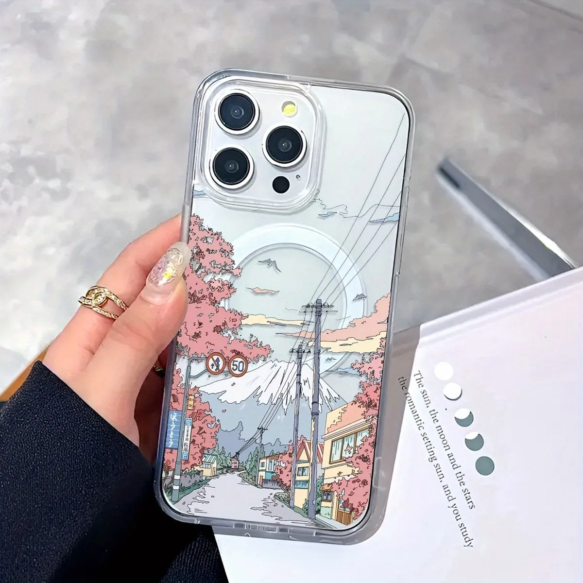 Funda para Teléfono con Diseño de Flores de Cerezo Fuji para iPhone 17 16 15 14 13 12 11 Pro Xs Max Plus Air Mini XR X 17e 16e, Compatible con Magsafe