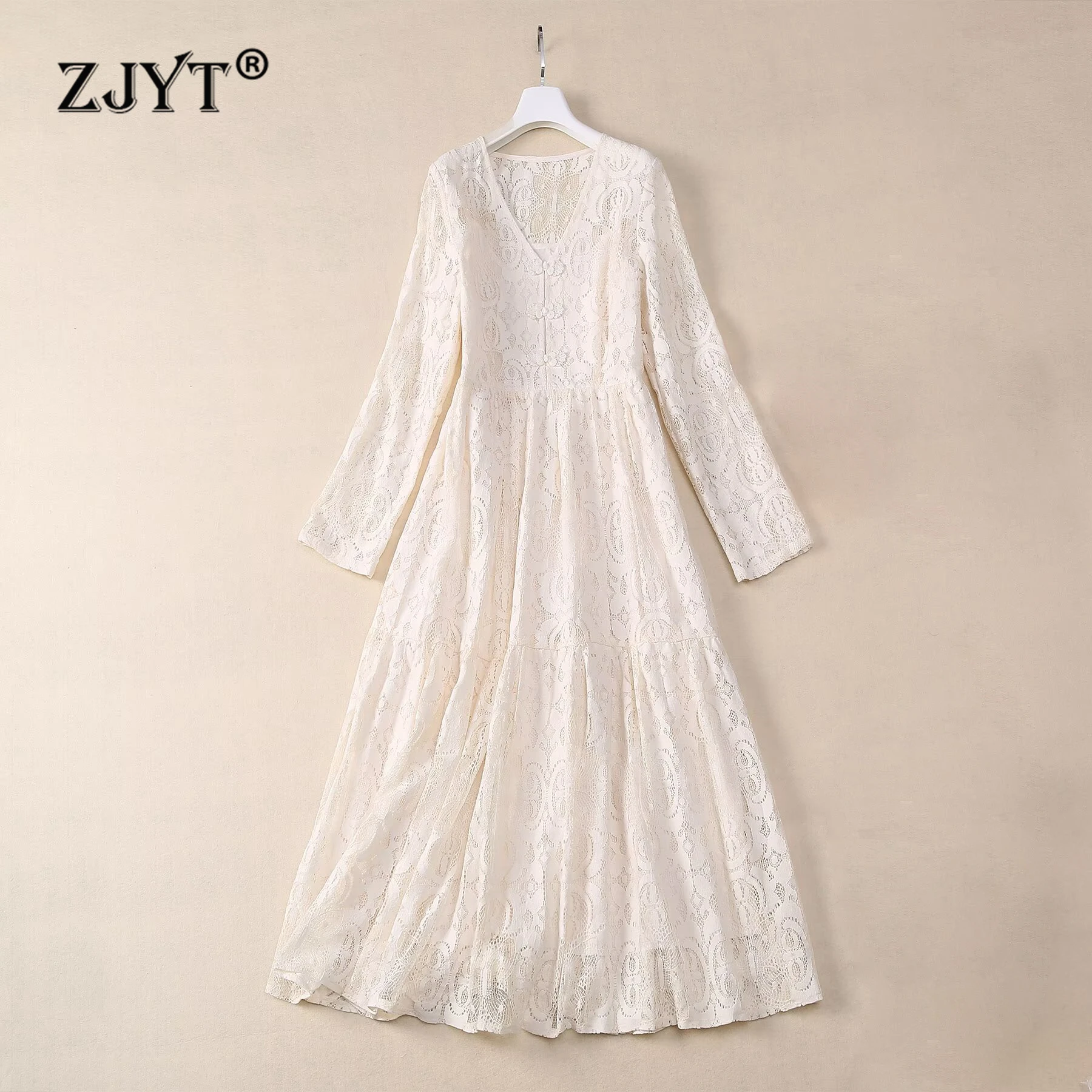 ZJYT Elegant Autumn Long Sleeve Lace Dresses for Women 2024 Fashion V Neck Hollow Out Midi Party Dress Black Vestidos Vintage