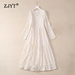 ZJYT Elegant Autumn Long Sleeve Lace Dresses for Women 2024 Fashion V Neck Hollow Out Midi Party Dress Black Vestidos Vintage