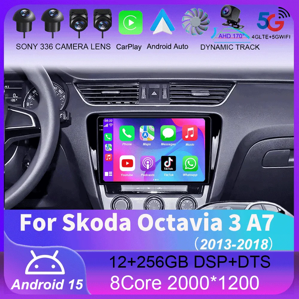 

For Skoda Octavia 3 A7 2013 - 2018 Android 15 Carplay Auto 4G+WIFI GPS Car Radio Navigation Multimedia Video Player Stereo BT