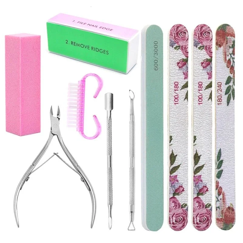 10 Pcs Manicure Set Cuticle Pusher Clippers Nail Art Files Buffer Sanding Tool Cleaning Brush Dead Skin Scissors Nail Care Kits