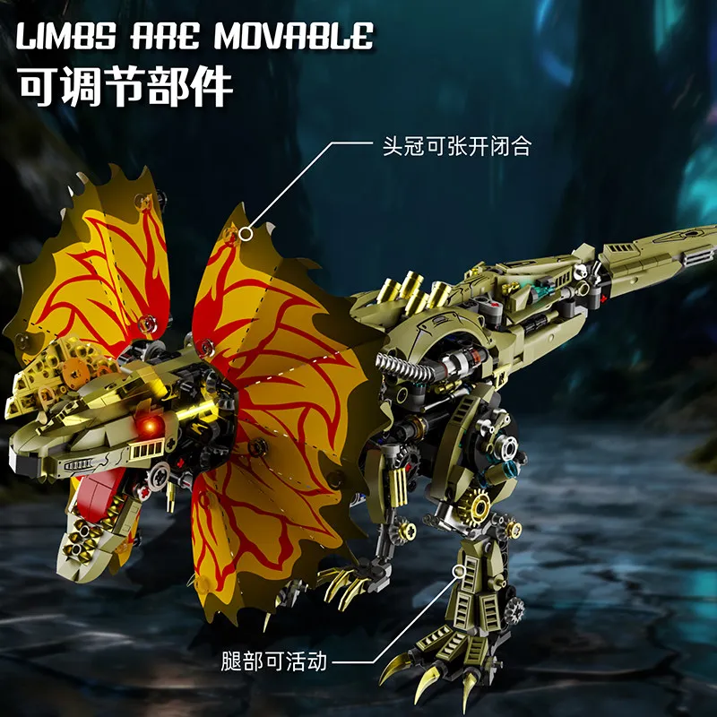 Technische mechanische Dilophosaurus Bausteine Kit MOC Dual-Crested Dinosaurier Double Spined Eidechse Modell Ziegel Spielzeug für Kinder