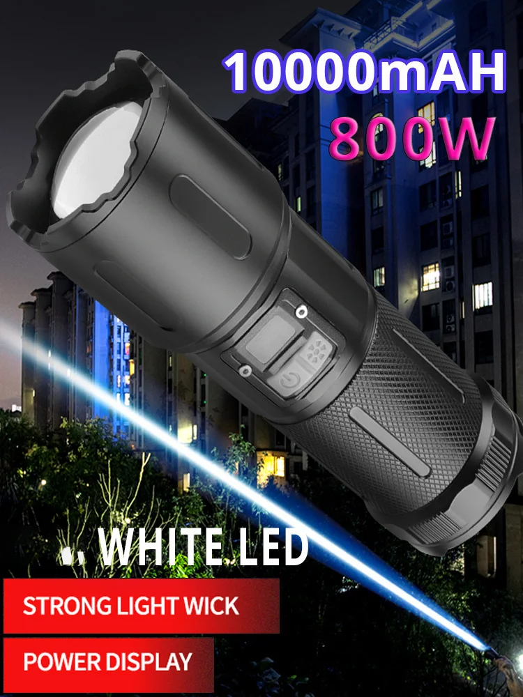 5000 Meters Long Shot LED Flashlight 800W White Light Torch USB-C Telescopic Zoom Spotlights COB Light Built-in 10000mah Battery