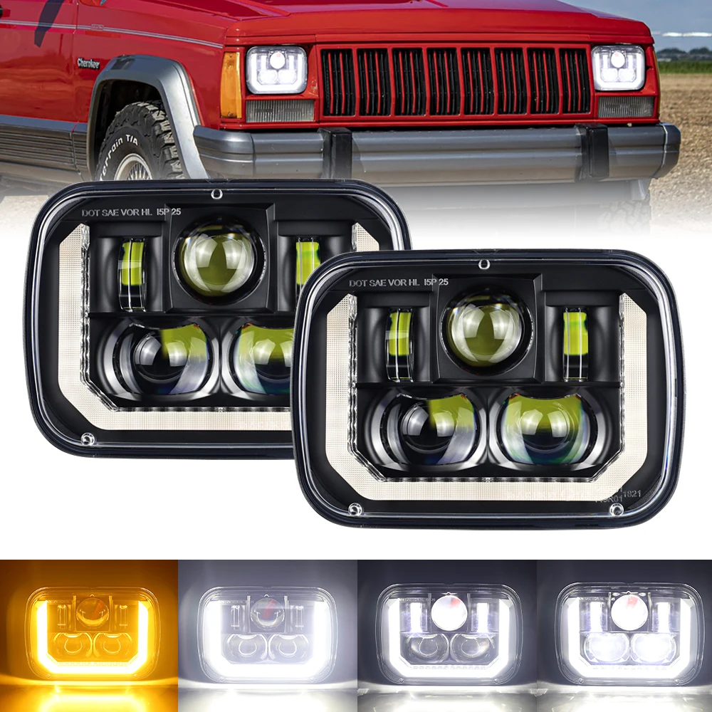 5x7 7x6 LED Headlights Rectangular Headlamp for Jeep Cherokee XJ Wrangler YJ H6054 H5054 E24 e-Mark Certificate Hi/Low Beam DRL
