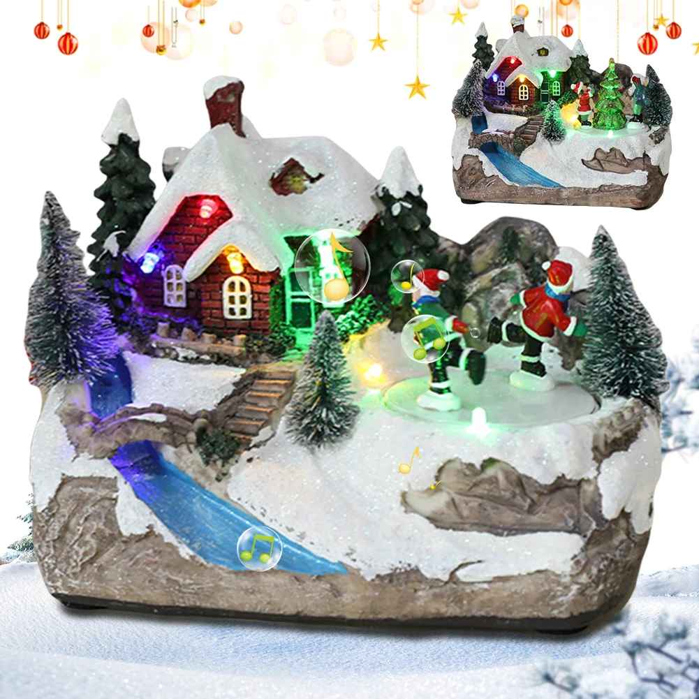 Christmas House Decoration with LED Lights Resin Rotating Music Statue Christmas Village House Chirtmas Desktop Decoration Gifts