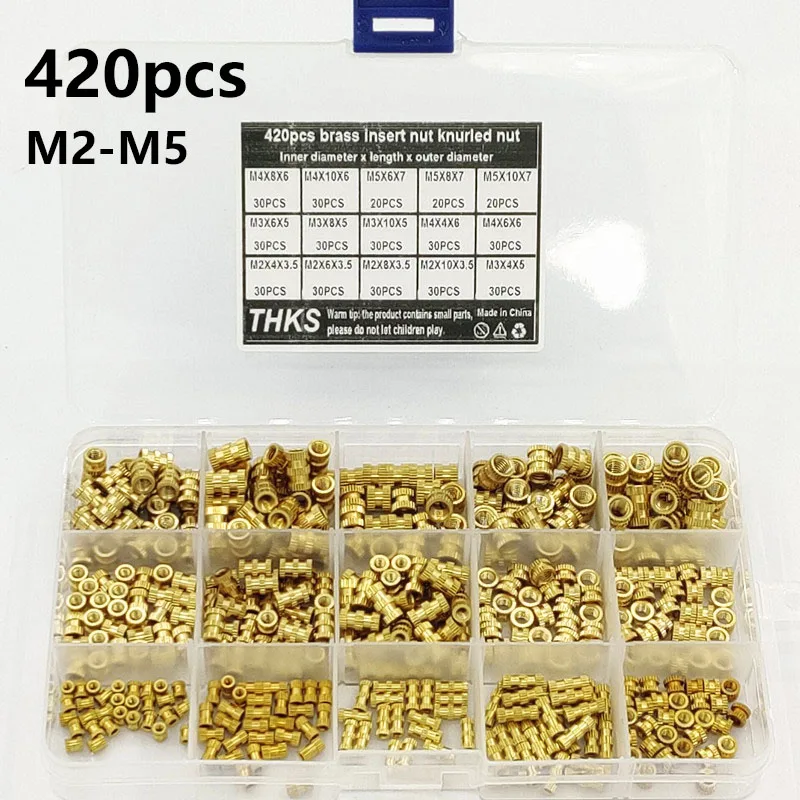420PCS Inserts M2 M3 M4 M5 Brass Heat Set Insert Nut Threaded Hot Melt Knurled Inserts for 3d Print Embedment Copper Nut Kit