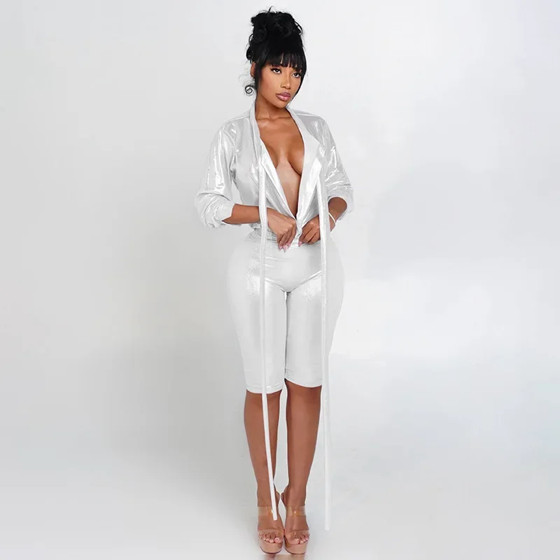 Women Sexy Silky Mesh 2 Piece Set Ribbons Deep V Neck Long Sleeve Shirts Tops + Skinny Knee Length Pants Night Clubwear Suits