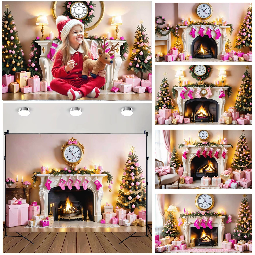 

MOON.QG Christmas Interior Backgrounds For Photographs Fireplace Clock Pink Sock Backdrops Photo Booth Studio Kids Photocall