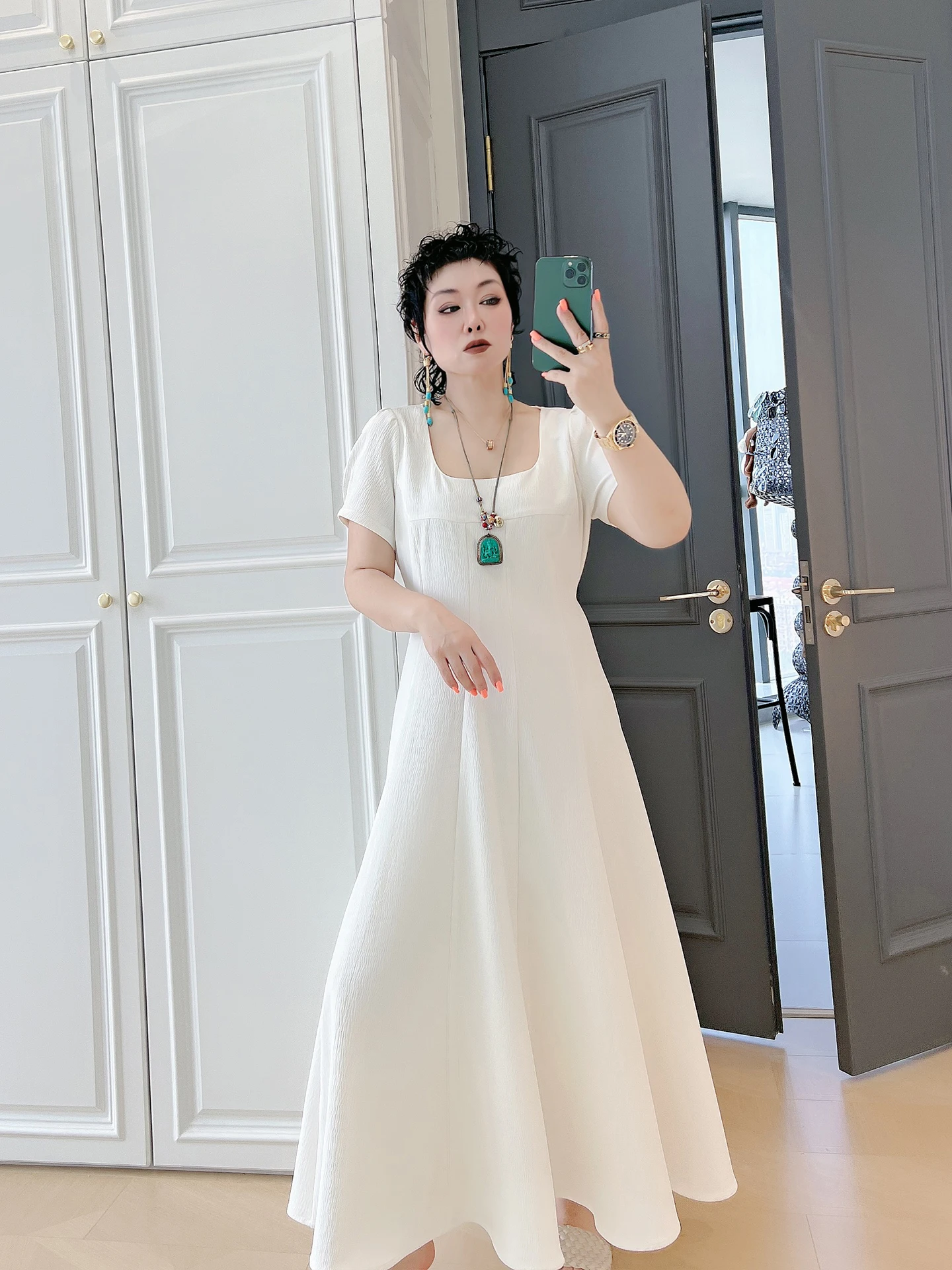 

Hepburn Style Square Collar Maxi Dress plus Size Women Slimming High Waist Elegant Casual A-Line Skirt Short Sleeve Dress
