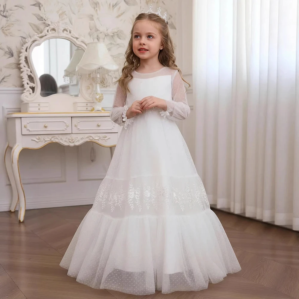 Girls White Lace Tulle Tiered Flower Girl Dress Boho Long Sleeve Formal Maxi Gown for Wedding Bridesmaid Pageant Birthday Party