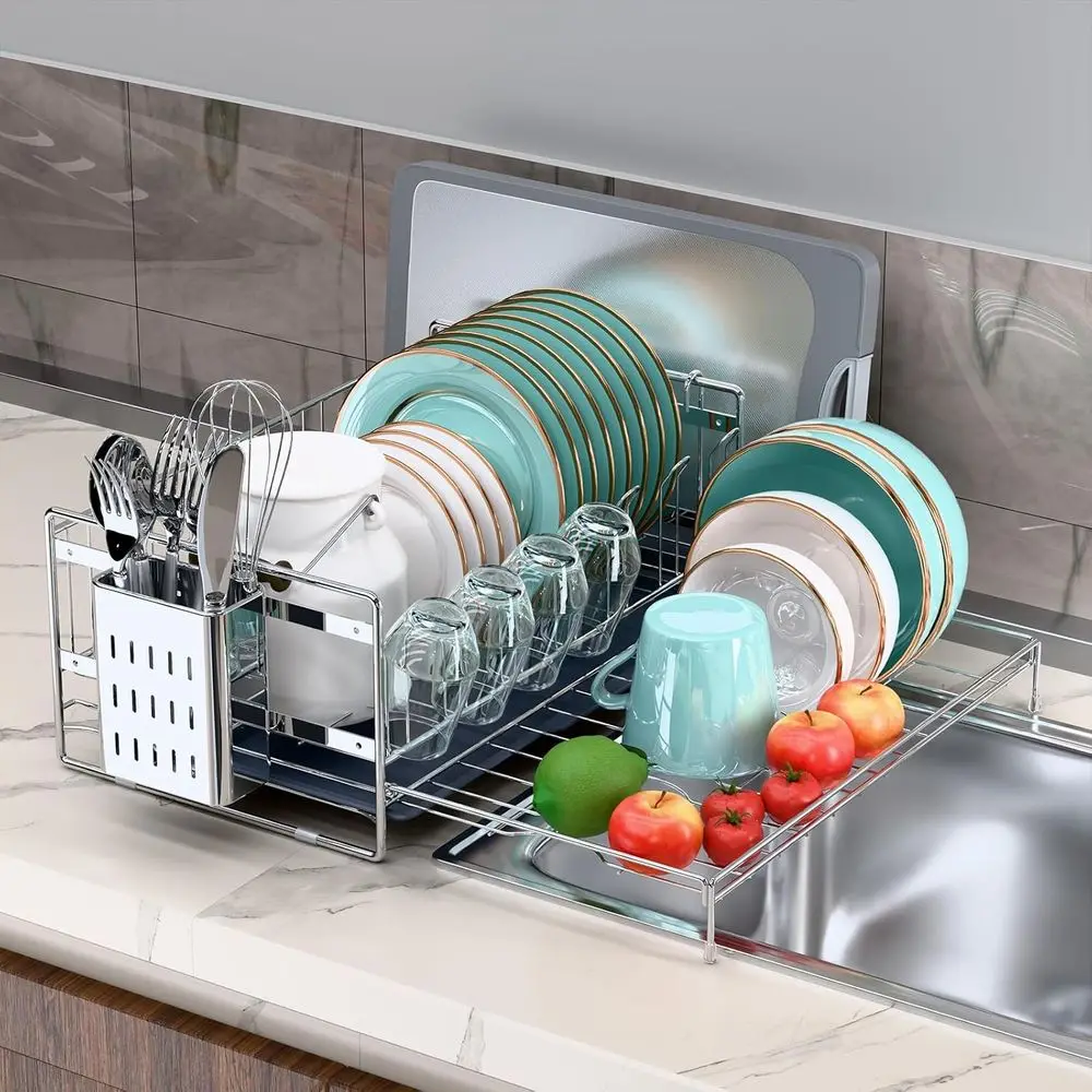 

Раздвижная подставка для посуды из нержавеющей стали с многофункциональными держателями для кухонной столешницы