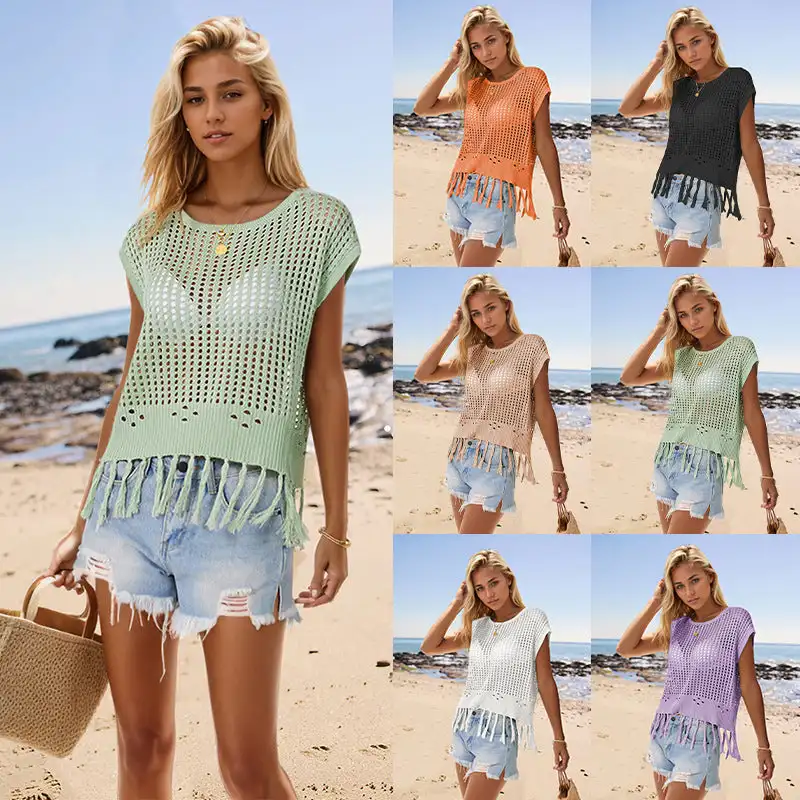 2024 Summer New Vacation Handmade Tassel Loose Round Neck Hollow Women's Knitwear Cover Up