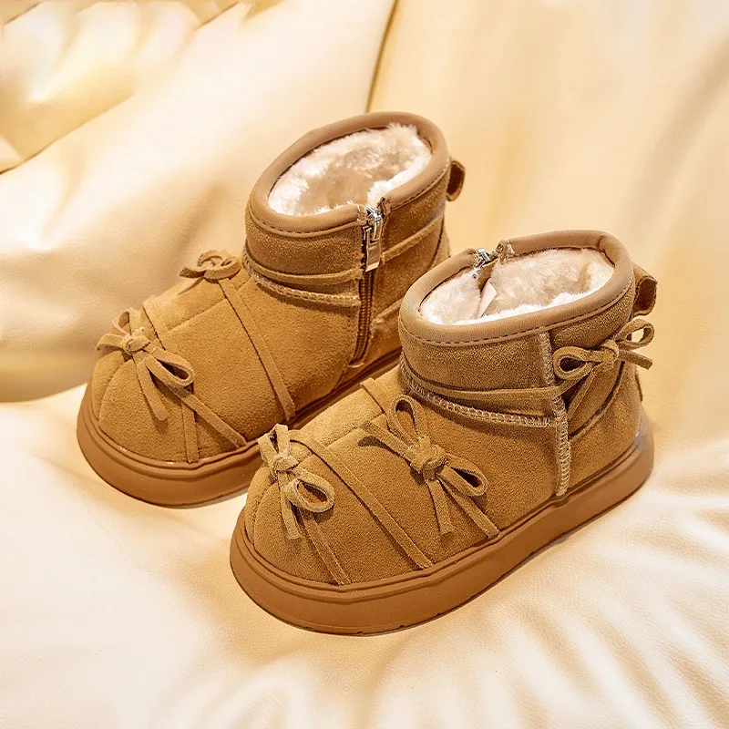 Girls Retro Thick Bottom Butterfly Knot with Velvet Warm Snow Boots Children's Leather Boots Kids Thermal Boots Winter New