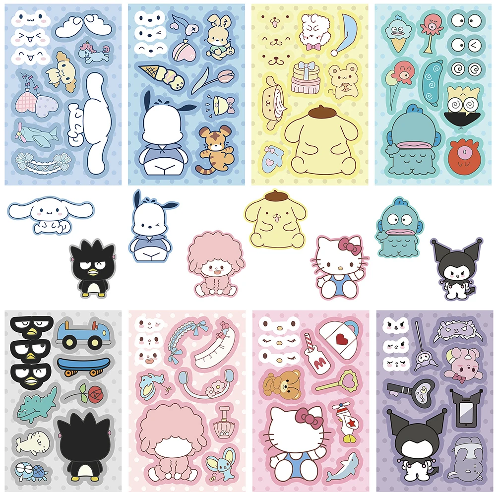 

8/16sheets Children DIY Puzzle Stickers Cute Kuromi Hello Kitty Cartoon Make a Face Decals Kids Assemble Jigsaw Party Toys Gifts