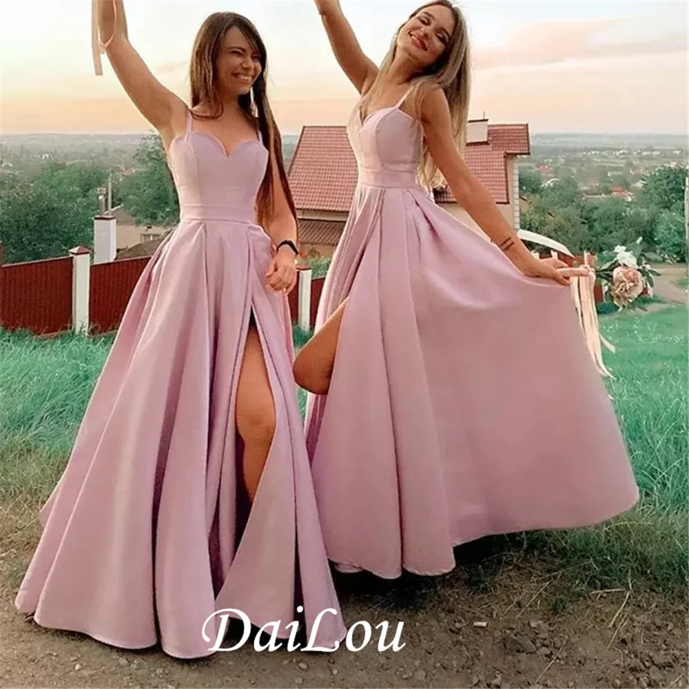 

A Line Rose Pink Bridesmaid Dresses Satin Spaghetti Straps Long High Slits Prom Party Formal Gown robe de soirée 2022