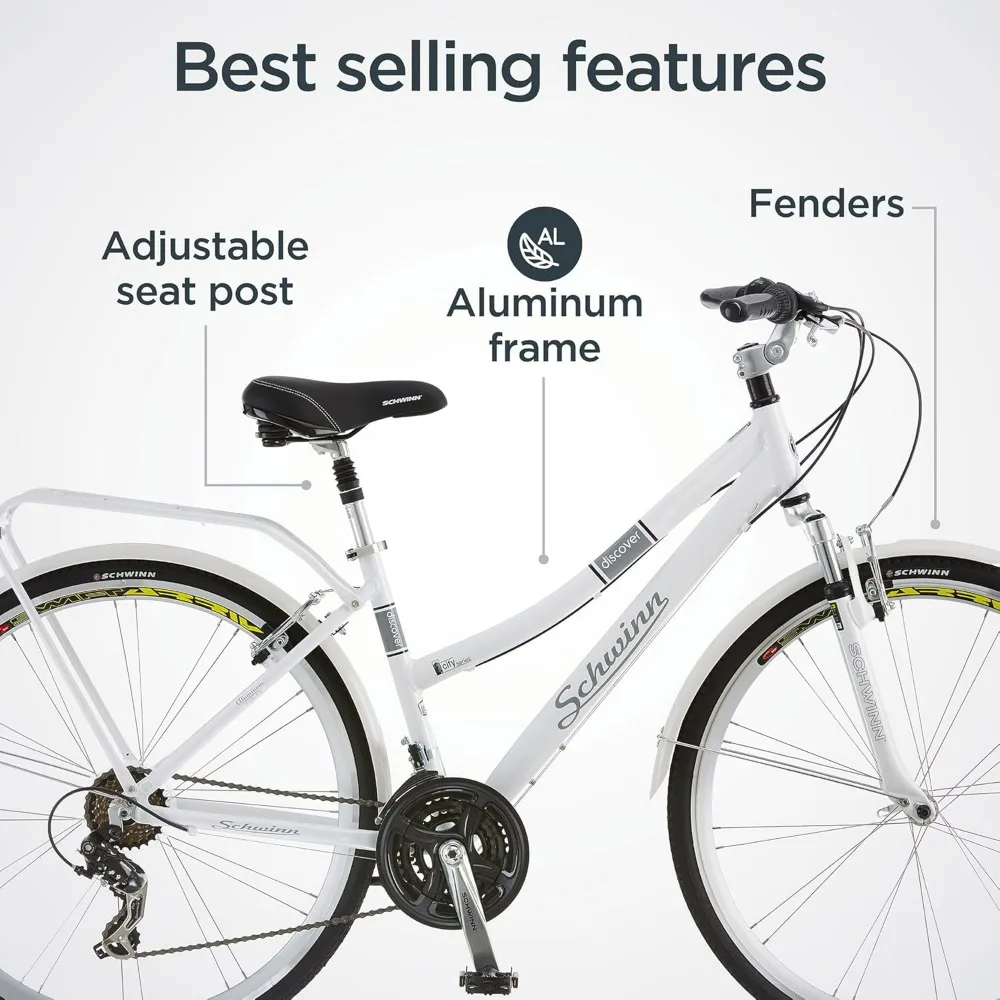 Discover Adult Hybrid Bike for Men and Women, 700c Wheels, 21-Speeds, Step-Through or Step-Over Frame, Front and Rear Fenders