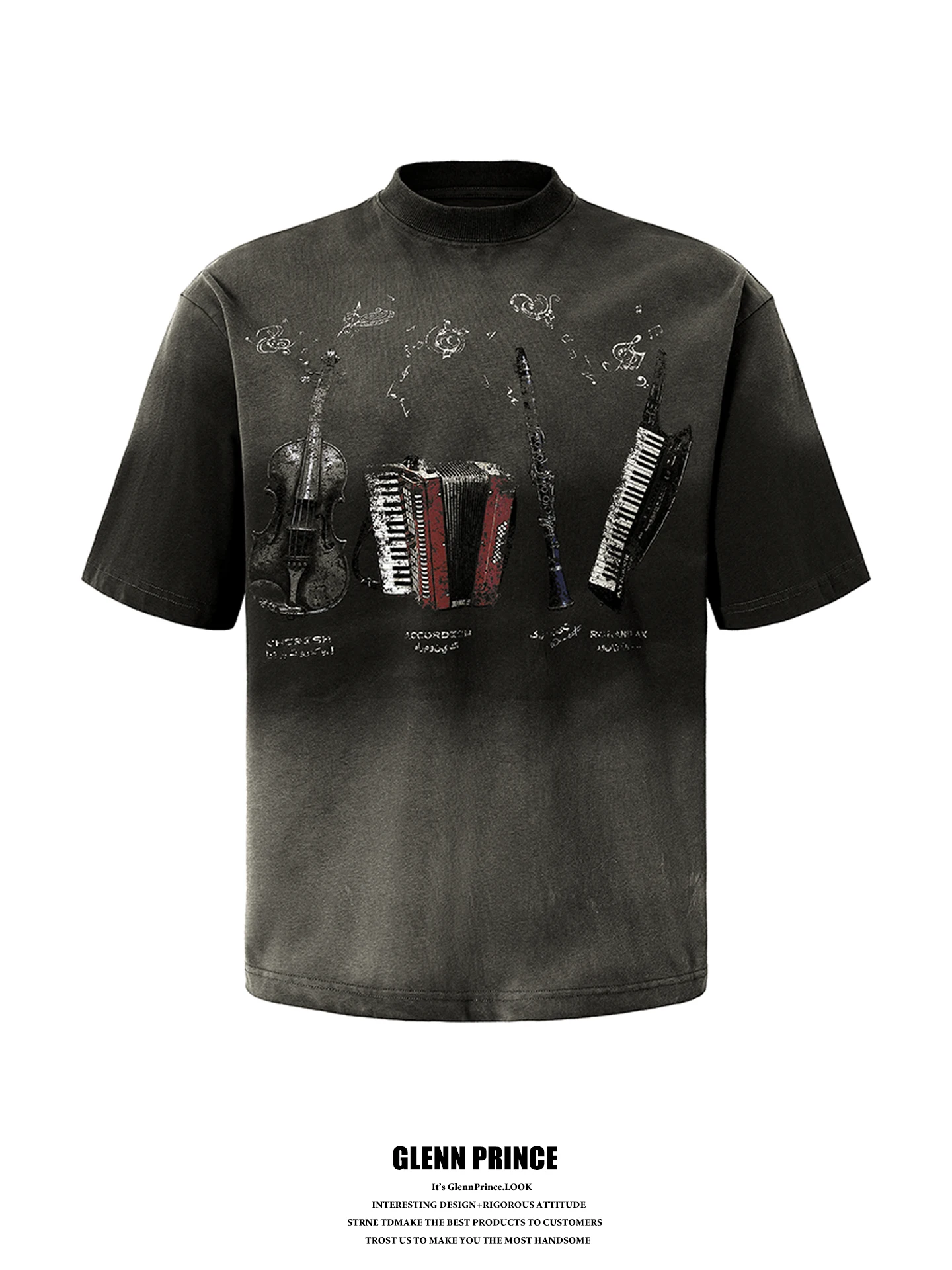 

GPstudio Men's Vintage Washed Instrument Print Short Sleeve T-shirt Pure Cotton American Retro Style Summer Casual Top