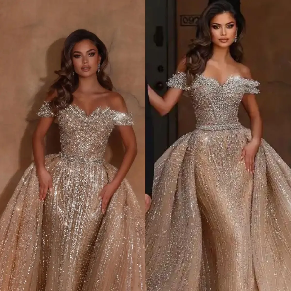 

Sparkly Evening Dresses Off Shoulder Detachable Train Bridal Gowns Sweep Train Beadeds Crystal Engagement Customized Dresses