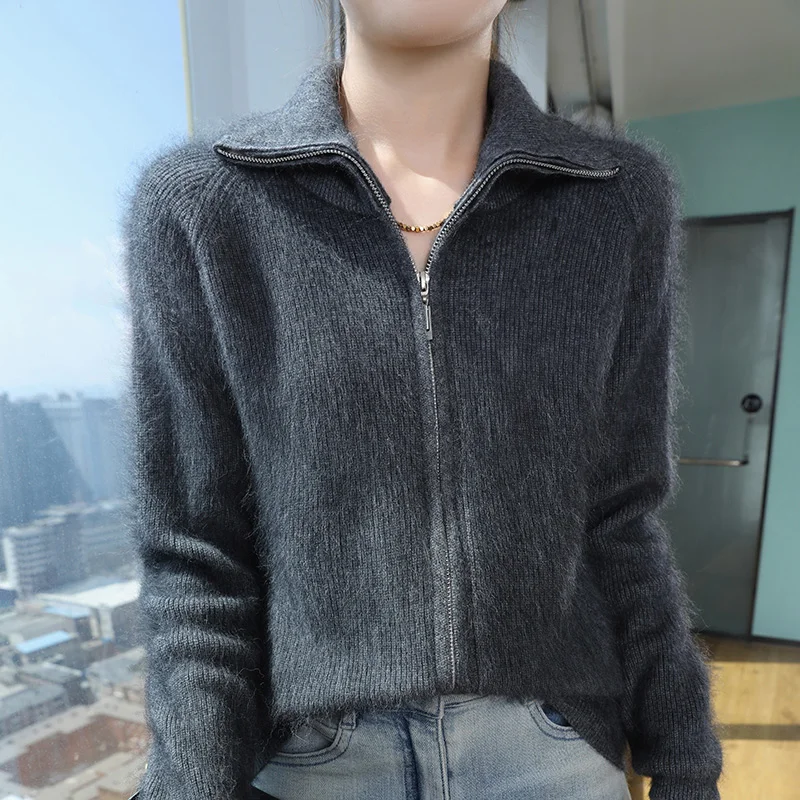 Autumn And Winter New Mink Cashmere Cardigan Women\'s Coat Zipper Lapel Coat Thick Warm Solid Color Fashion Sweater