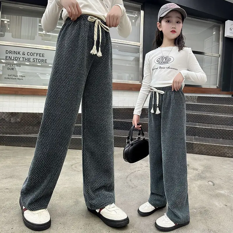 Girls' Wide-Leg Casual Slanted Stripe Pants 2025 Spring Autumn Tween Loose Ankle-Length