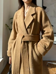 High Quality Camel Color Wool Suri Alpaca Coat Medium Long Women Turn-down Collar Double Breasted Wool Coat Tie Autumn Winter