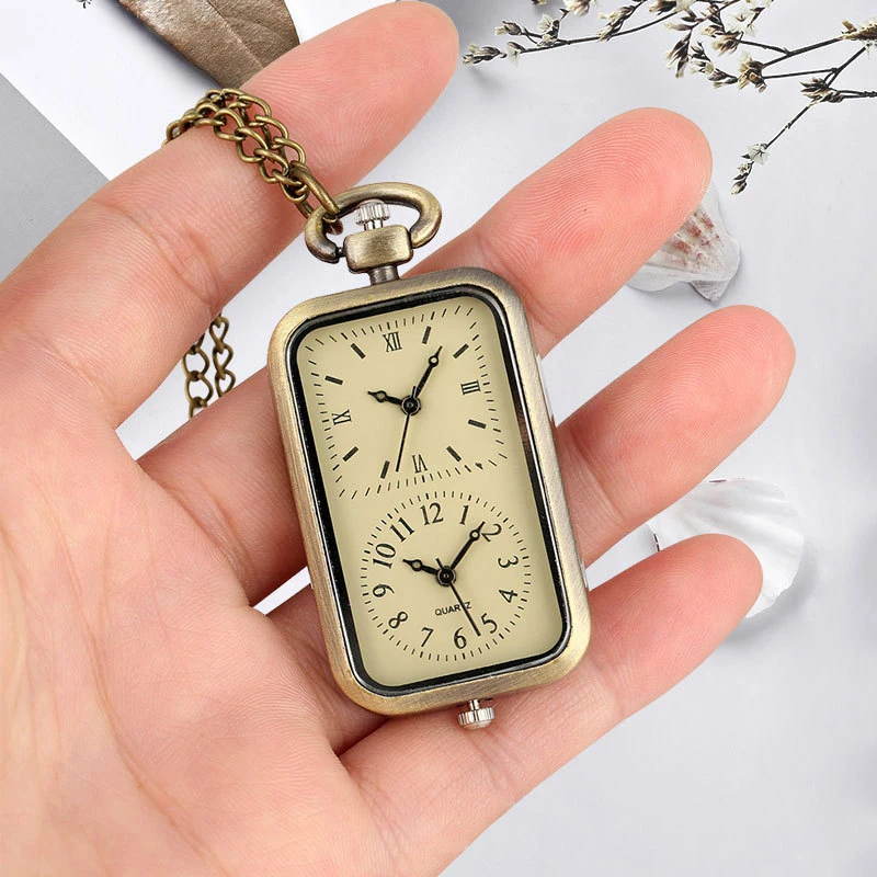 Relógio requintado bronze chaveiro relógio de bolso quadrado retro duplo tempo movimento relógio de quartzo sem capa estilo antigo pingente