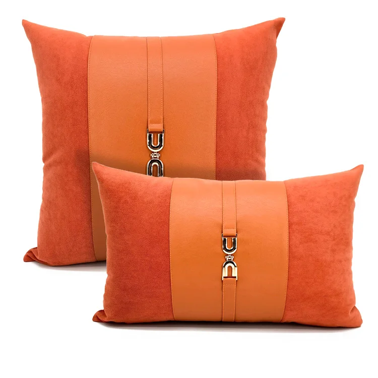 light luxury grey/orange/coffee color cushion cover pu leather suede patchwork pillowcase decorative buckle waist pillow cover