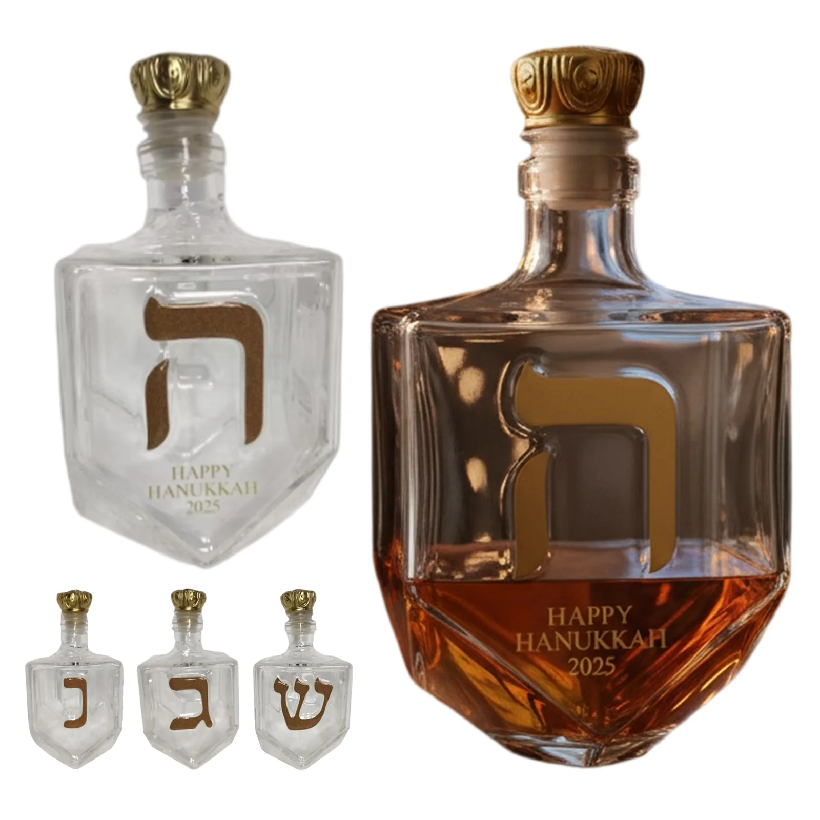 Hanukkah Judaica Glass Liquor Decanter W/ Golden Hebrew Letters Crown Cap Glass Decanter for Festival Home Bar Display