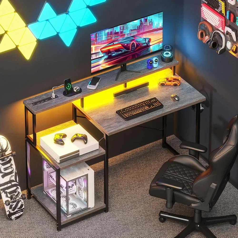 

LED Computer Desk with Power Outlet & Monitor Shelf, 48 Inch Office Desk with Headphone Hook & Storage Shelves, Computer Desks