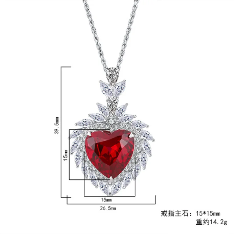 S925 Sterling Silver Hot Selling Colored Gemstones Full Diamond Luxury Inlaid Pendant Necklace of Woman Heart Main Stone 15*15mm