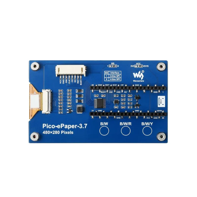 3.7inch E-Paper E-Ink Display Module For Raspberry Pi Pico, 480×280 Pixels, Black / White, SPI Interface