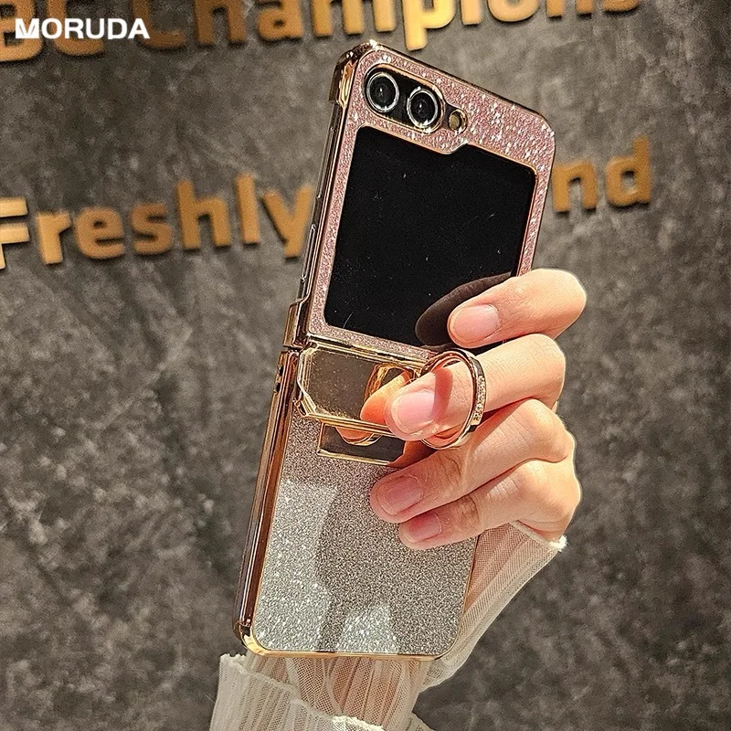 

Plating Glitter Diamond Bracket Case for Samsung Galaxy Z Flip 7 6 5 ZFlip 4 3 flip7 Bling Gradient Ring Holder Stand Hard Cover