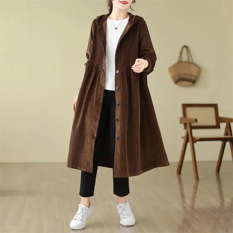 Manteau long en velours côtelé à capuche pour femme, coupe-vent décontracté, sensation d'affaissement, mode printemps et automne, nouveau, 2024