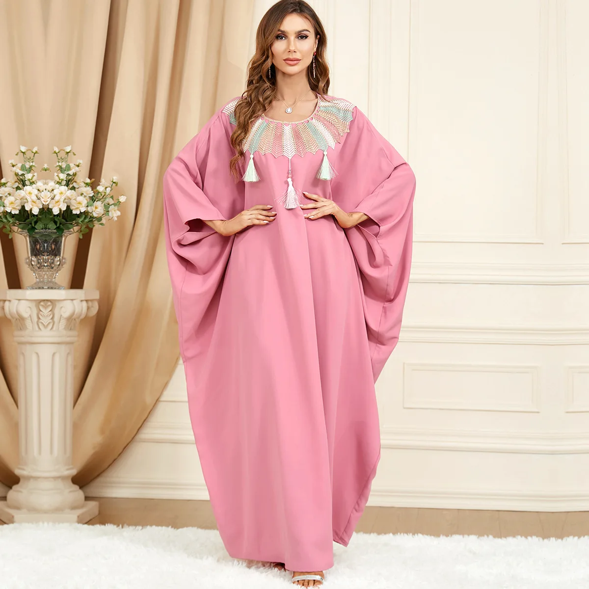 

Cloak Abaya Dress for Women Chic Lace Applique Trim O Neck Batwing Sleeve Robe Sweet Pink Dressing Gown Corban Eid 2024