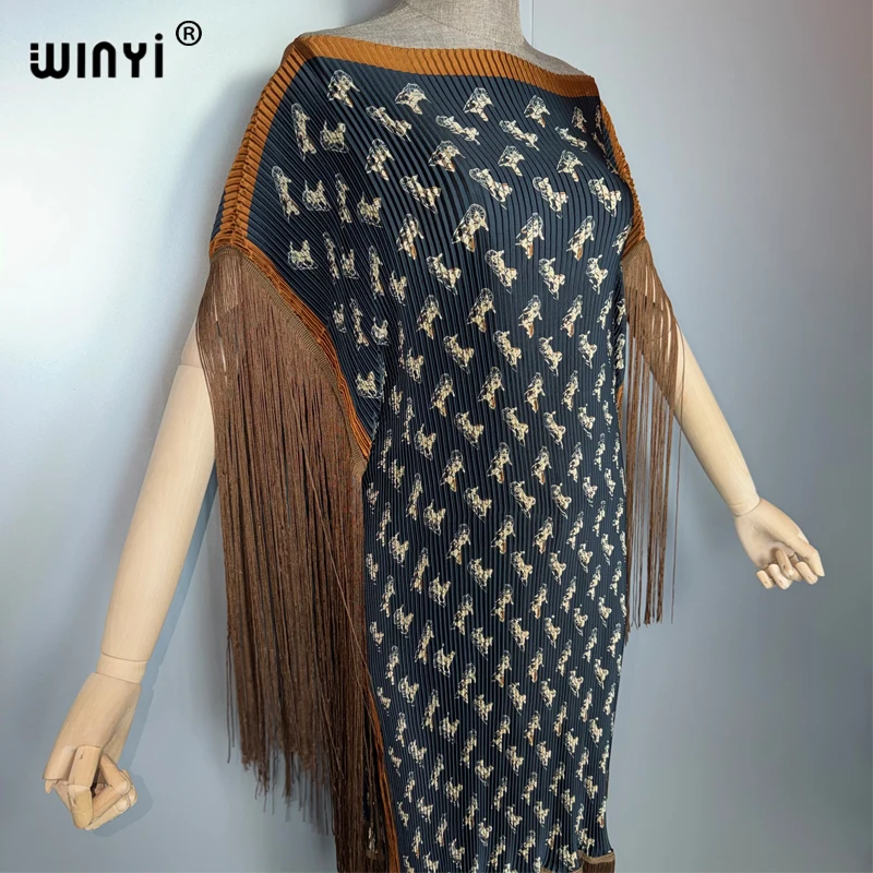 WINYI plissé élastique mince robe à franges femmes froissé Design ample boho robe vacances mode robe de soirée abaya dubaï luxe