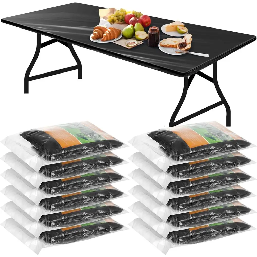 

Black 72x30 Disposable Plastic Tablecloths with Elastic, Waterproof for Fall Parties and Picnics