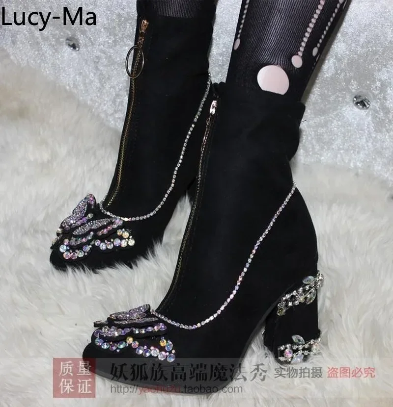 Womens Rhinestones Crystal Butterfly DIY Decor Pointy Toe Ankle Boots Block High Heels Stretchy Shoes Central Zip Black New 2024