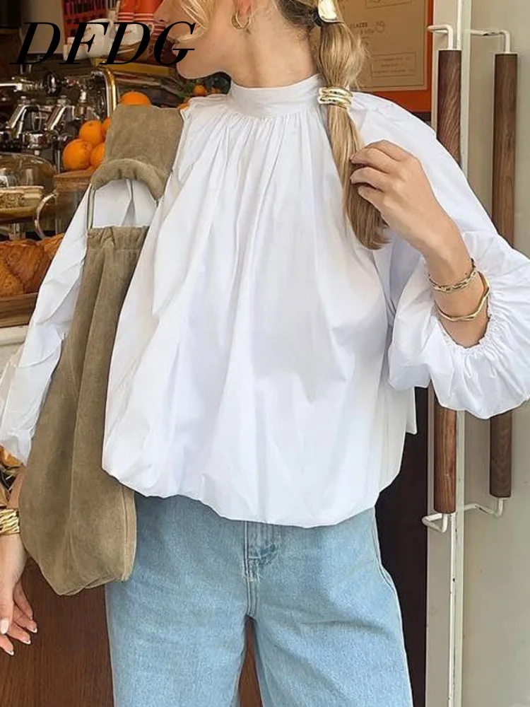 

DFDG Women 2026 Spring Summer Stand Collar Blouse Puff Long Sleeve T Shirt Gathered Hem Loose Fit Casual Daily Simple T Shirt