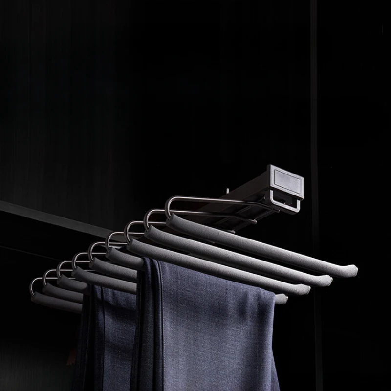 

Pant rack wardrobe with top-mounted retractable trouser rack slide rail for storing household trousers hardware accessories.