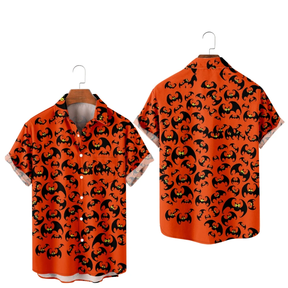 

Casual Halloween Shirts for Men Bats Print Shirts Orange Short Sleeve Summer Beach Vacation Tops Breathable