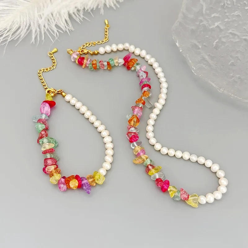 

New Russia Style Small Fresh Color Glass Beads Strand Necklace for Women High-end Freshwater Pearl Clavicle Chain Spot for Cloth