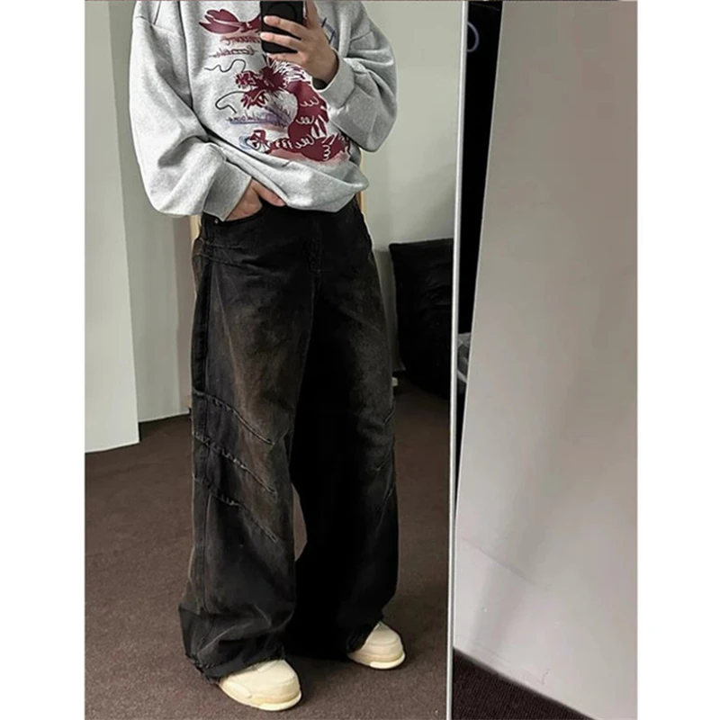 Women's Grasp The Grain Dirty Street Style Jeans Cool Girl Unisex Pant Fashion Style Bottoms Female High Waist Straight Trousers