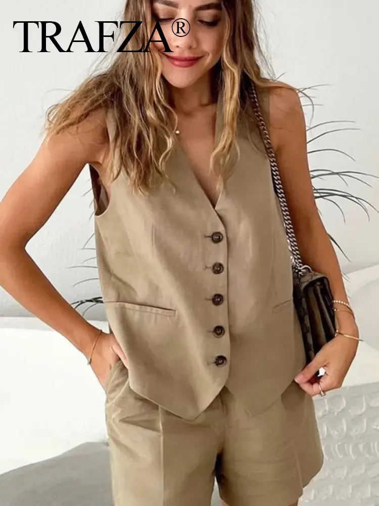 TRAFZA Waistcoat Vest For Women Solid Vintage Casual Linen V Neck Single Breasted Loose Top Summer Chic Ladies Sleeveless Vests