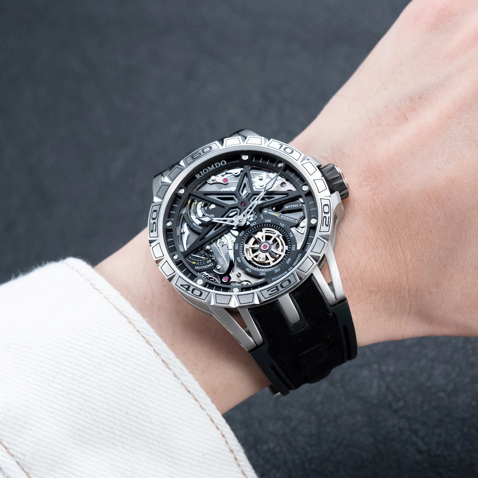 OBLVLO 46mm Men's Mechanical Automatic Watch Skeleton Dial Luminous Waterproof Blue Rubber Band Military Watch RD-901