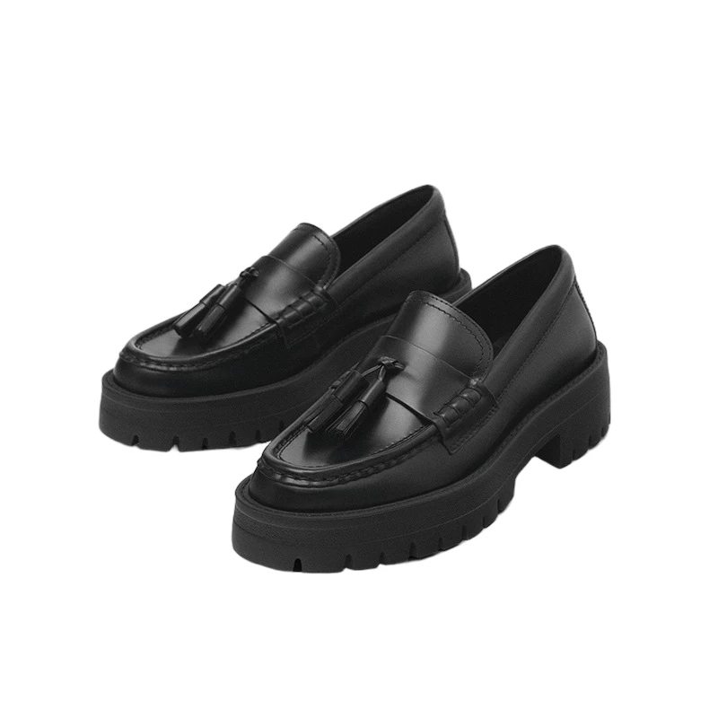 

Jenny&Dave British Minimalism Black Tassels Platform Sole Heightened Sole Slip-on Loafers Genuine Leather Shoes Women