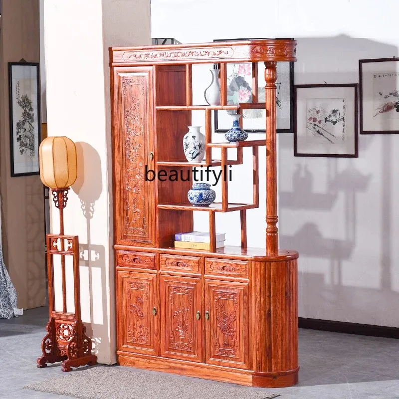 a176  New Chinese-style solid wood porch cabinet screen antique double-sided engraving enters the door shoe cabinet living room