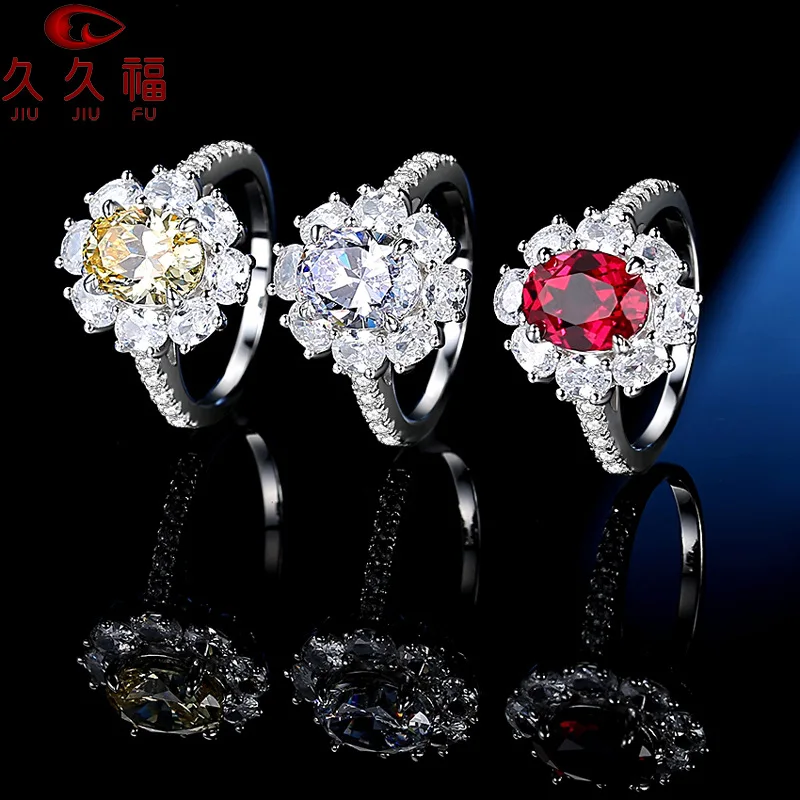 

Винтажное овальное кольцо с цветными бриллиантами для женщин, основа из платины PT950 и муассанит, сочетающие в себе ретро-эстетику и яркое сияние.